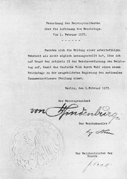 Decree from Hindenburg ordering dissolution of the Reichstag from 1 February 1933 Artist: Historical Document