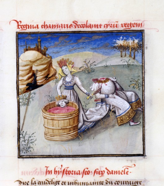 Queen Tomyris. From: Speculum Humanae Salvationis (Mirror of Human Salvation) by Ludolph of Saxony. Artist: Anonymous
