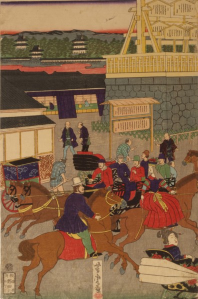 Flourishing Nihonbashi section of Tokyo. (Tokyo Nihonbashi han ei no zu) Triptych. Artist: Yoshitora, Utagawa (active 1850-1880)