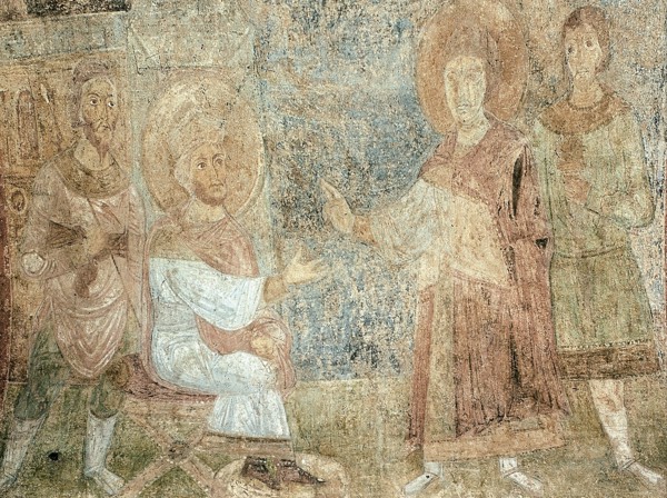Saint George before the Emperor Diokletian. Artist: Ancient Russian frescos