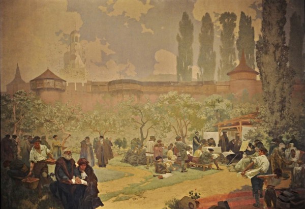 The Printing of the Bible of Kralice in Ivancice (The cycle The Slav Epic). Artist: Mucha, Alfons Marie (1860-1939)