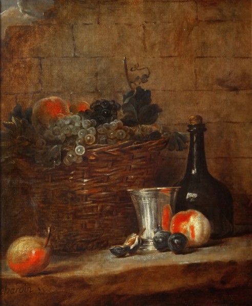 Fruit Basket with Grapes, a Silver Goblet and a Bottle, Peaches, Plums, and a Pear. Artist: Chardin, Jean-Baptiste Siméon (1699-1779)