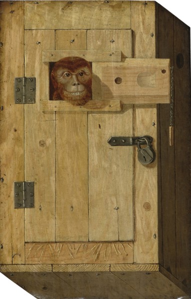 Trompe l'oeil with a monkey in a wooden box. Artist: Trajtler, Jòsef (active Mid of 19th cen.)