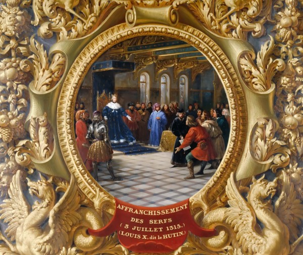 Louis X the Mischievous emancipates the serfs in 1315. Artist: Alaux, Jean (1786-1864)