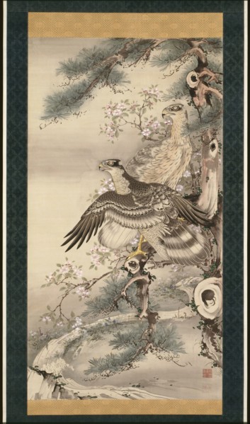 Pair of Hawks with Branch and Blossoms. Artist: Shohaku, Soga (1730-1781)