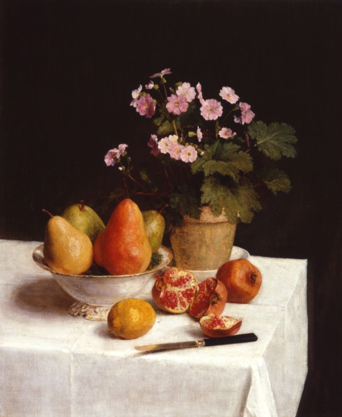 Still life with primroses and pears. Artist: Fantin-Latour, Henri (1836-1904)