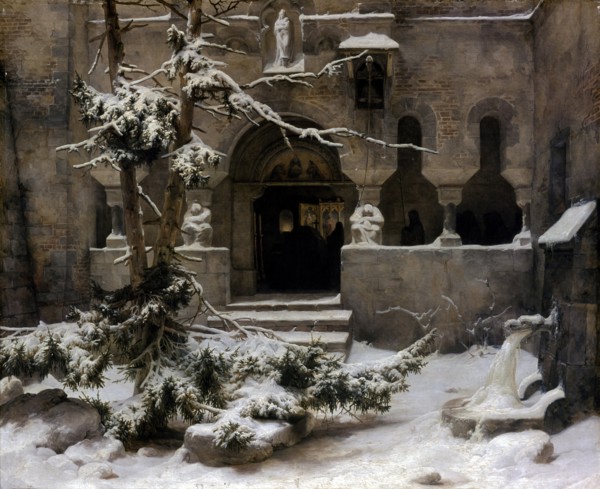 Monastery Garden in Snow. Artist: Lessing, Carl Friedrich (1808-1880)