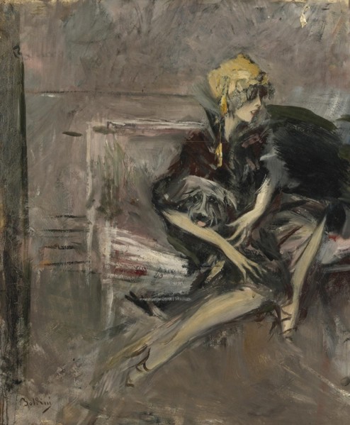 Lady In A Yellow Hat With Her Dog (Marchesa Casati). Artist: Boldini, Giovanni (1842-1931)