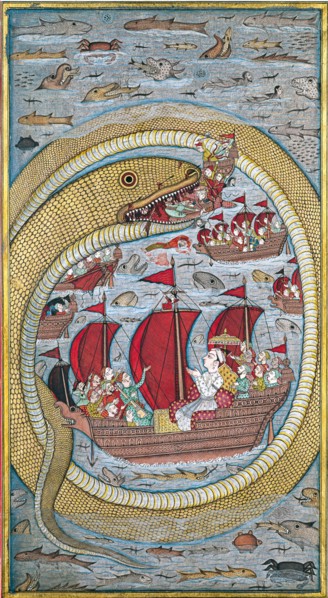 Sea serpent swallows the royal fleet, 1670. Artist: Indian Art