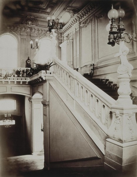 The Stroganov palace in Saint Petersburg. The grand staircase with lower vestibule, 1860s. Artist: Bianchi, Giovanni (1812-1893)