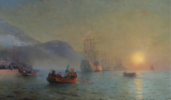 Christopher Columbus sailing from Palos, 1892. Artist: Aivazovsky, Ivan Konstantinovich (1817-1900)