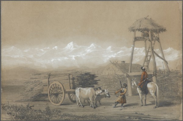 The Cossack's fort in the Caucasus, 1846. Artist: Gagarin, Grigori Grigorievich (1810-1893)