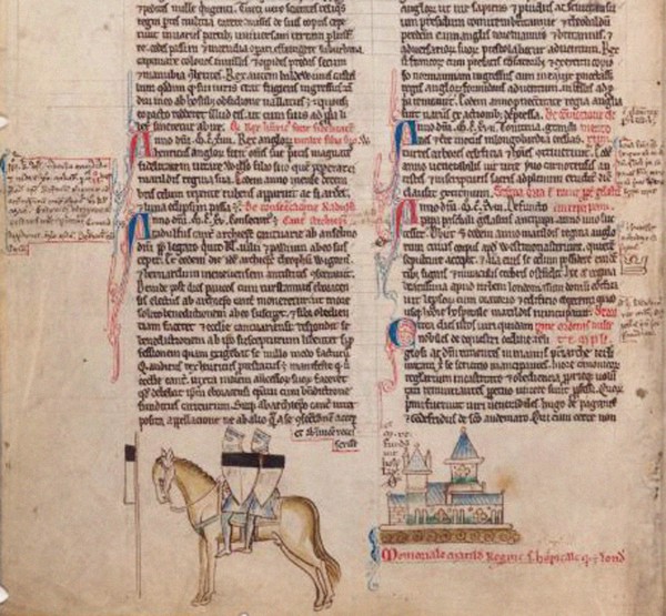 Two Templars on one horse (From Chronica maiora I by Matthew Paris), 13th century. Artist: Paris, Matthew (c. 1200-1259)