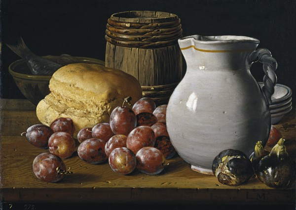 Still life with plums, figs, bread and jug, Second Half of the 18th century. Artist: Meléndez, Luis Egidio (1716-1780)