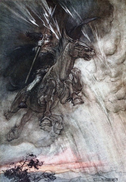 Furiously Wotan is riding to the rock. Illustration for The Rhinegold and The Valkyrie by Richard  Artist: Rackham, Arthur (1867-1939)
