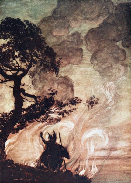 Wotan turns and looks sorrowfully back at Brünnhilde. Illustration for The Rhinegold and The Valkyr Artist: Rackham, Arthur (1867-1939)