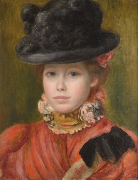 Girl in black hat with red flowers, c. 1890. Artist: Renoir, Pierre Auguste (1841-1919)