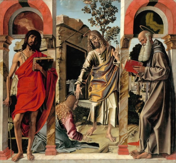 Resurrected Christ with Mary Magdalen and Saints John the Baptist and Jerome, c. 1492. Artist: Montagna, Bartolomeo (1449-1523)