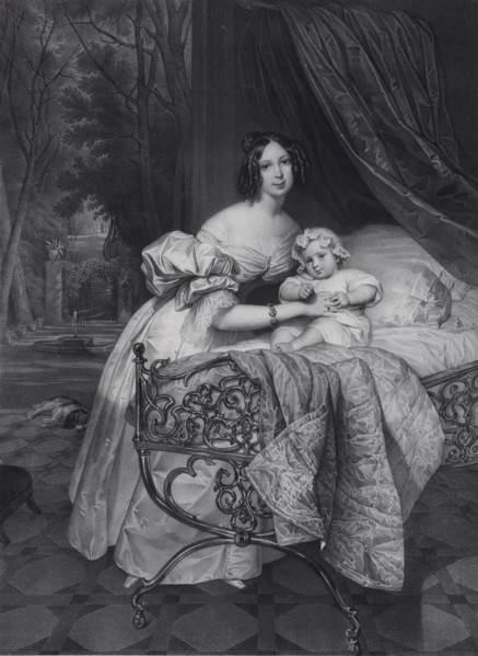 Portrait of Maria Irineevna Buteneva, née Chreptowicz (1811-1890) with Daughter Maria (1835-1905), 1 Artist: Noël, Léon (1807-1884)