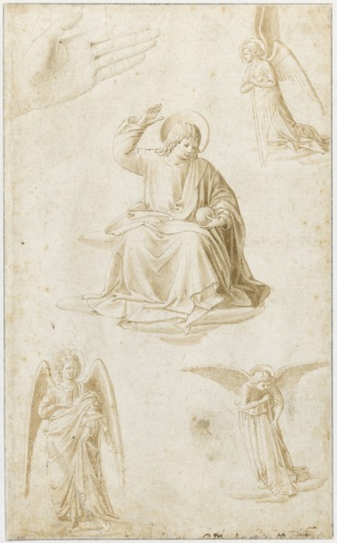Studies of a hand, three angels and Christ as Salvator Mundi, Second Half of the 15th century. Artist: Gozzoli, Benozzo (ca 1420-1497)