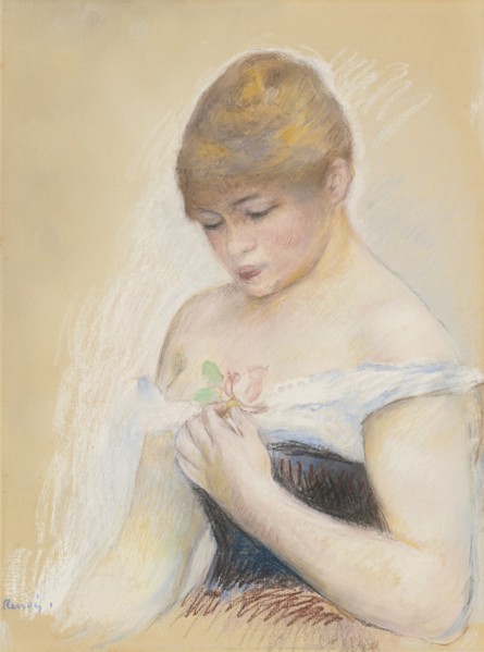Young Woman Holding A Flower. Portrait of the actress Jeanne Samary, c. 1880. Artist: Renoir, Pierre Auguste (1841-1919)