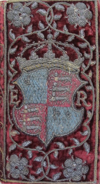 Embroidered velvet binding on John Udall's Sermons with the arms of Elizabeth I, 1596. Artist: Anonymous master
