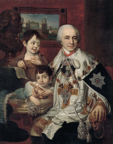 Portrait of Admiral Count Grigory Grigoryevich Kushelev (1754-1833) with children, 1801. Artist: Borovikovsky, Vladimir Lukich (1757-1825)