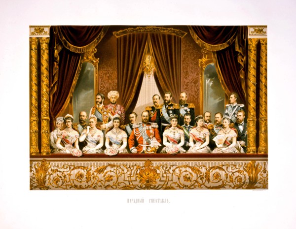 The group portrait at the Bolshoi Theater. Coronation of Empreror Alexander III and Empress Maria Fy Artist: Alexandrovsky, Stepan Fyodorovich (1843-1906)