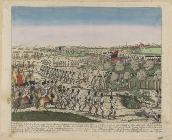 French and Russian troops on the Zürichberg hill in the First Battle of Zurich, c. 1810. Artist: Anonymous