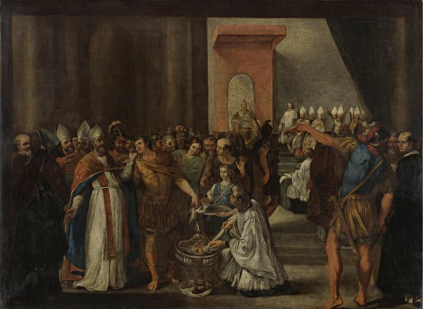 Emperor Constantine burning Arian books, 1640s. Artist: Magnone, Carlo (?-1653)