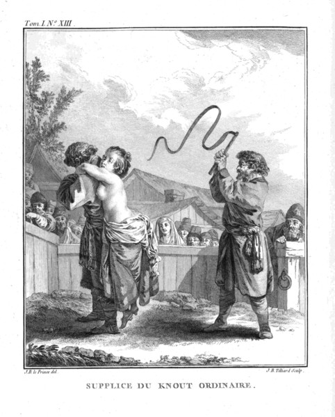 Punishment of Natalia Fyodorovna Lopukhina with an ordinary knout. From Voyage en Sibérie, 1766. Artist: Le Prince, Jean-Baptiste (1734-1781)