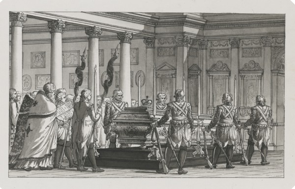 The Emperor Paul I Lying in State with a guard of honour. Artist: Quarenghi, Giacomo Antonio Domenico (1744-1817)