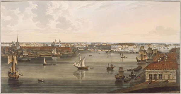 View to the Admiralty, old St Isaac's Cathedral, English embankment and Academy of Sciences from Vas Artist: Atkinson, John Augustus (1775-1831)