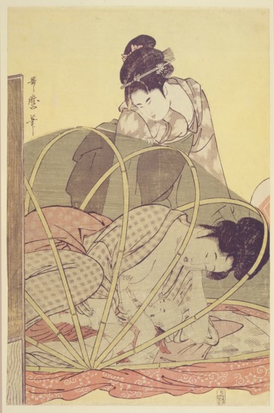 Mother Nursing Baby under Mosquito Net, c. 1795. Artist: Utamaro, Kitagawa (1753-1806)