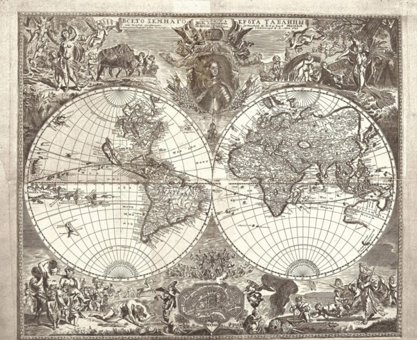 Double hemisphere map of the World, 1713. Artist: Kiprianov, Vasily Anufrievich (1669-after 1723)