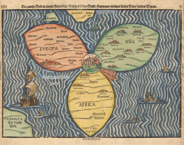 The three continents with Jerusalem in the center of the World, 1581. Artist: Bünting, Heinrich (1545-1606)