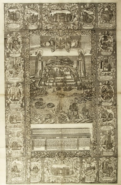 Saints Zosima and Savvatiy of Solovki with view of the Solovetsky Monastery, 1765. Artist: Pastukhov, Dmitri (active Mid of 18th cen.)