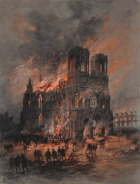 The burning Reims Cathedral, 1914-1915.