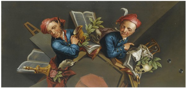 An anamorphic Trompe l'Oeil with a Vanitas still life.