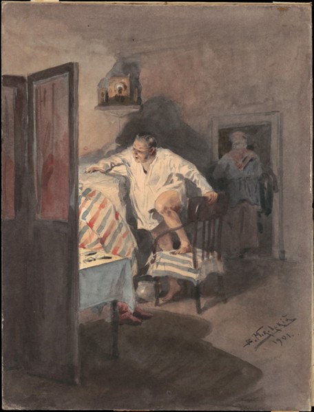 Chichikov at the house of Korobochka. Illustration for the novel Dead Souls by N. Gogol.