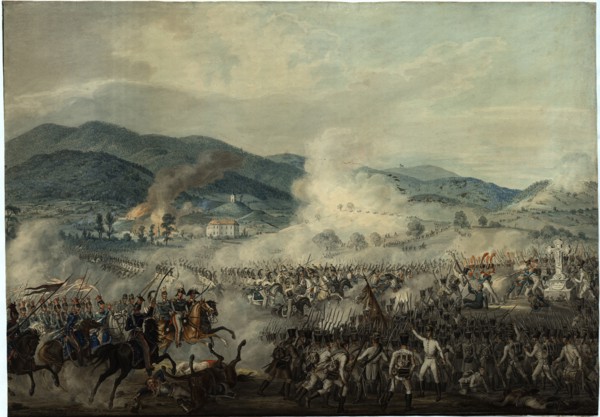 The battle between the Russian-Austrian and French troops.