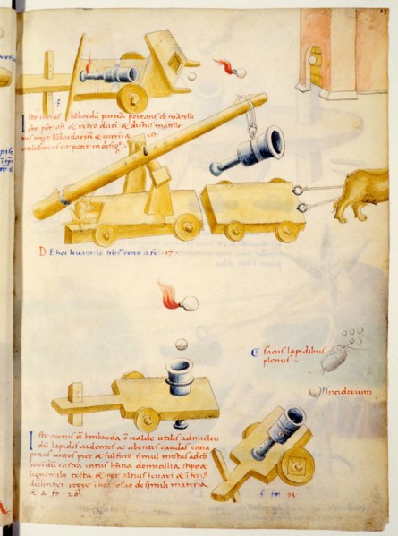 A firearm. Illustration from De rebus militaribus, De machinis by Mariano Taccola.
