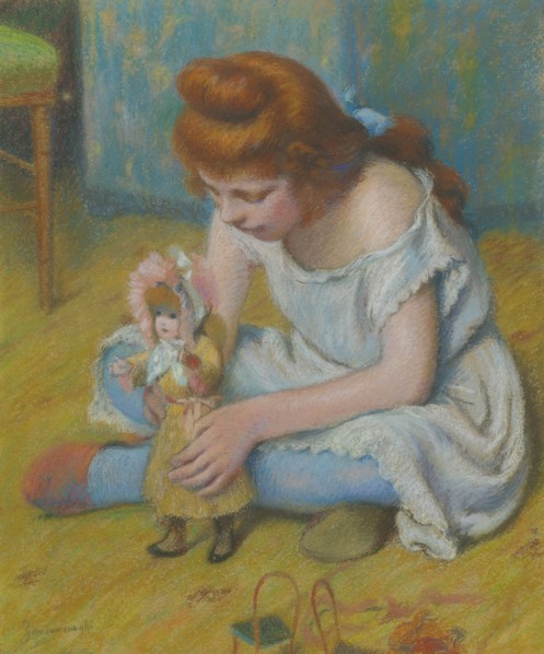 Yung girl playing with a doll.