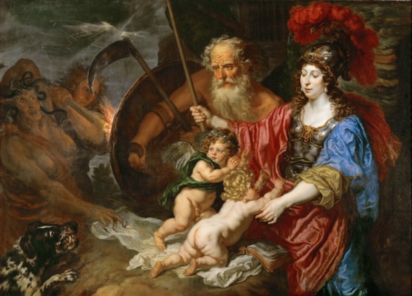Minerva and Saturn protecting Art and Science from Envy and Falsehood.