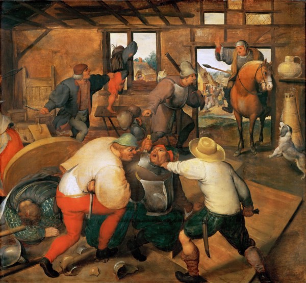 Brawl between soldiers and peasants.