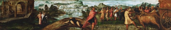 King David bearing the Ark of the Covenant into Jerusalem.