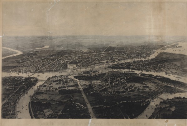 Panorama of St. Petersburg and the surrounding area from the bird's eye view.