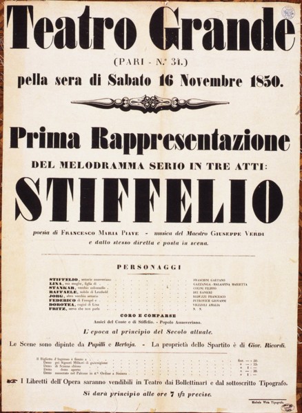 Premiere Poster for the opera Stiffelio by Giuseppe Verdi in Teatro Grande, Trieste, 1850.
