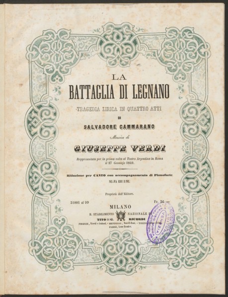 Cover of the vocal score of opera La battaglia di Legnano by Giuseppe Verdi, 1860.