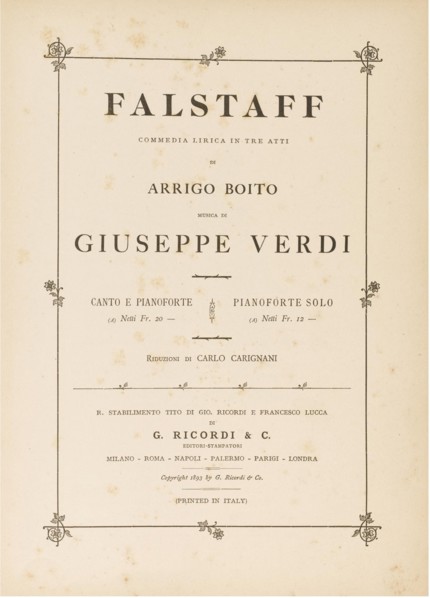 Opera Falstaff: first edition of the original version, 1893.